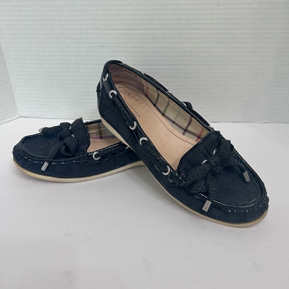 Coach Carisa Black Logo Monogram Moccasins Shoes with Lace Bow Front